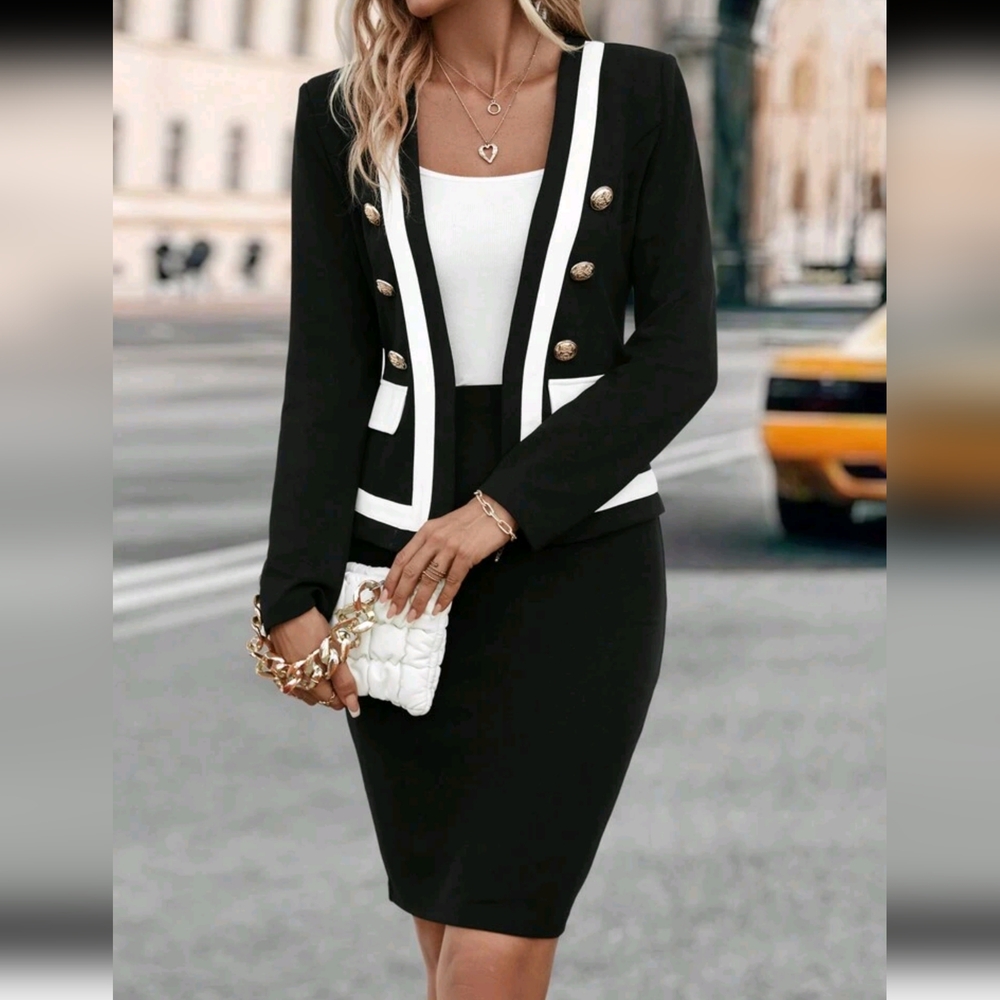Contrast Trim Button Detail Jacket & Bodycon Dress Black Two Piece S - Picture 5 of 8